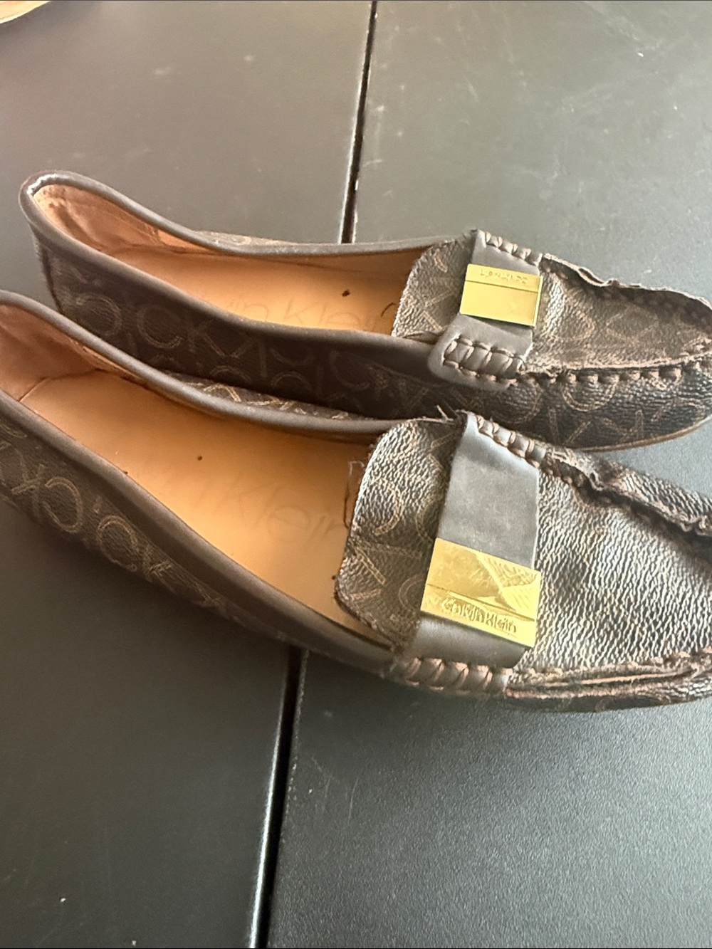 Calvin Klein Dark Brown Logo Moccasin Loafers with Gold Accents